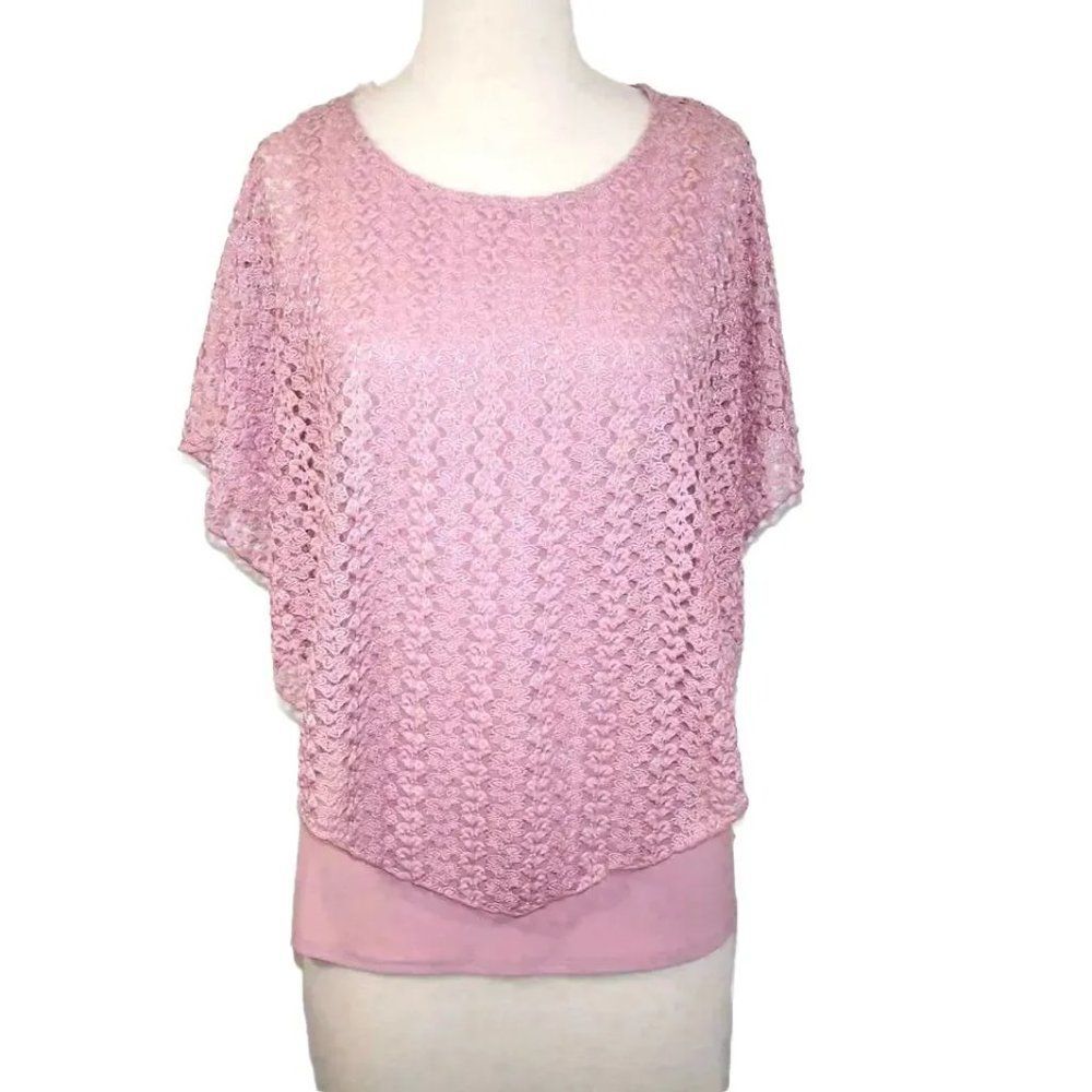 Onyx Apparel Shirt Small Attached Crochet Poncho Sleeveless Stretch Pink Top